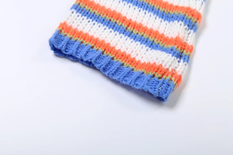 Colorful Striped Crop Sweater Women Hipster Long Sleeve Slash Neck Casual Christmas Activity Streetwear Pullover Tops