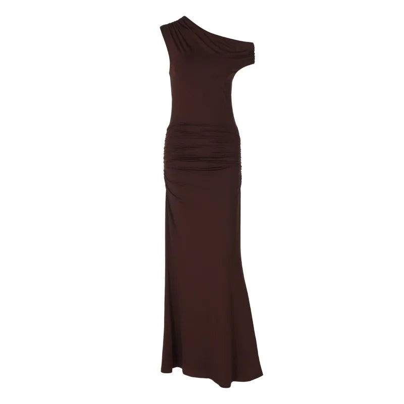 One Shoulder Fishtail Long Maxi Dresses Brown Elegant Dresses Woman