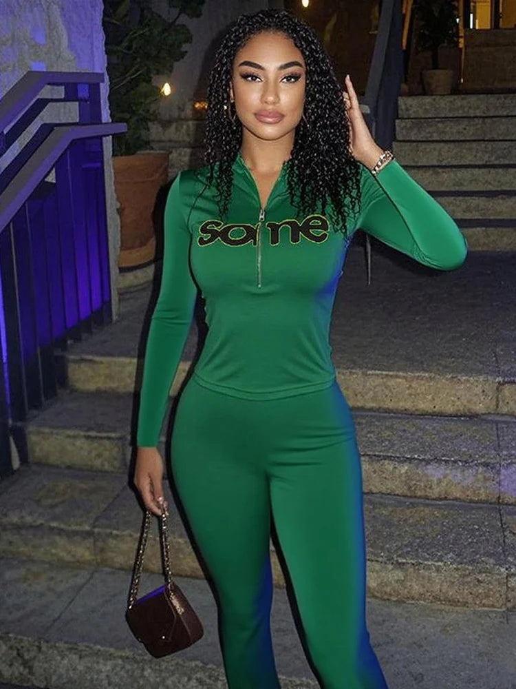 Casual Sporty Women2 Piece Set Letter Print Zip Crop Tops+Leggings Matching Street Stretch Skinny Streetwear Outfits