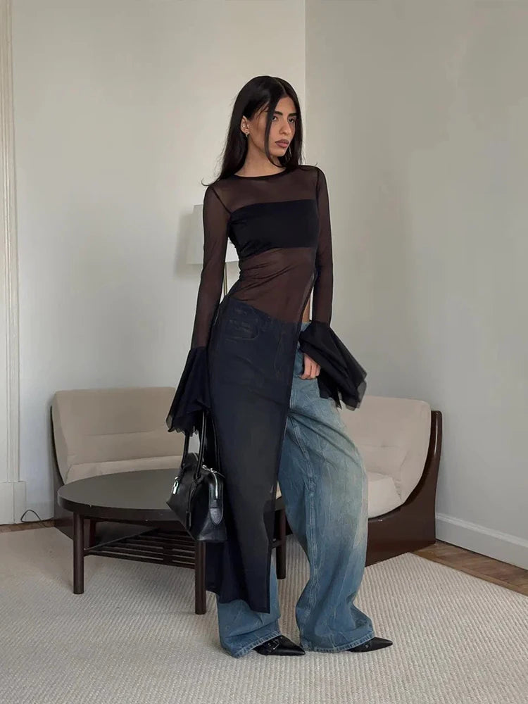 Sexy Irregular Hem T-Shirt Women Patchwork o-Neck Flared Sleeves Summer Midnight Sexy Hottie Fashion Split Long Tops