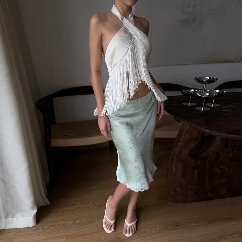 Scarf Top with Crossover Halter Neck and Cascading Fringe Trim Sexy Party Tops Fall Fashion 2026