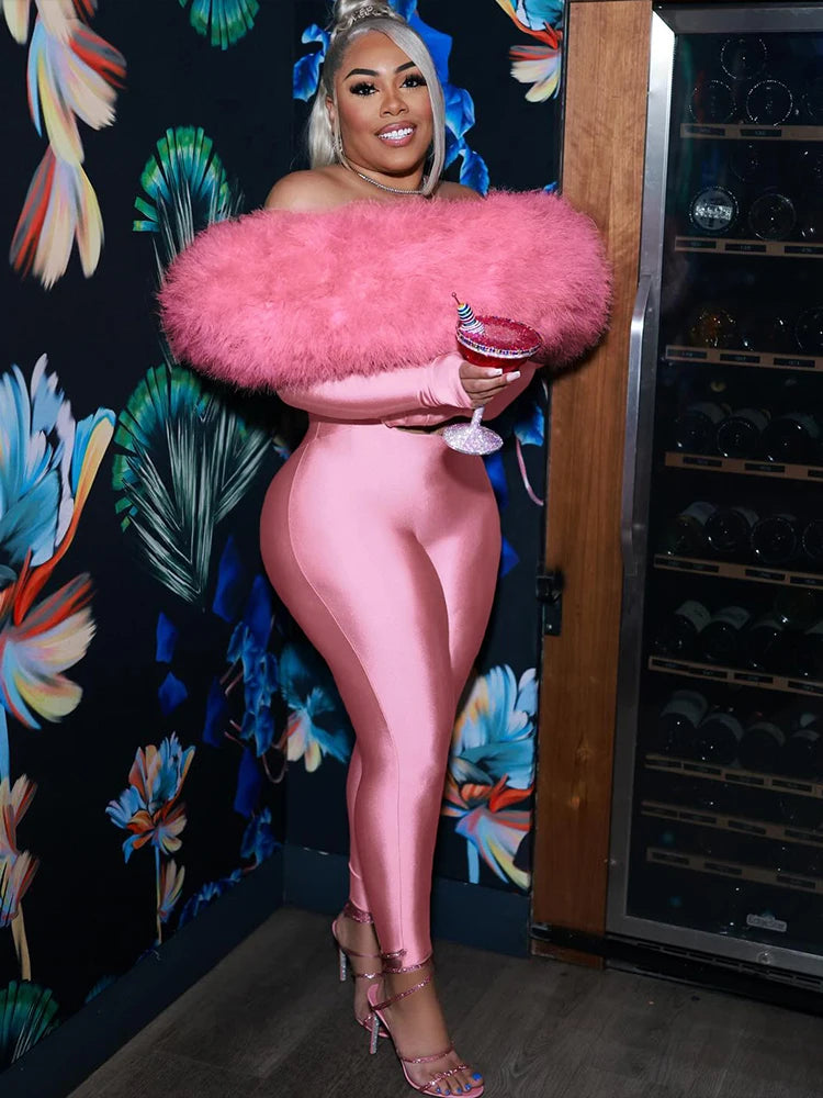 Furry Slash Neck Jumpsuits Woman Luxury Hipster Patchwork Trend Sexy Hollow Stretch Fitness Club Activity Overalls