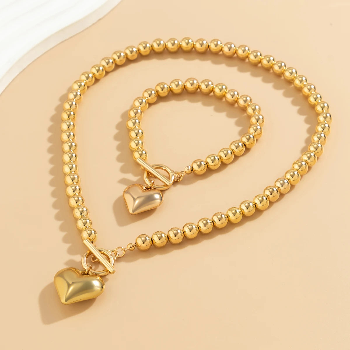 2Pcs Creative Punk Big Love Heart OT Buckle Pendant Choker Necklace Women Vintage CCB Beads Chain Bracelets Grunge Jewelry Set