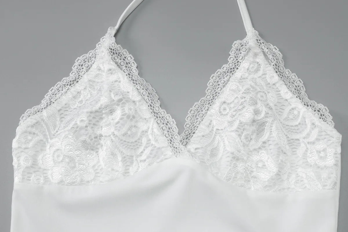 Lace Trim Deep V Halter Crop Tops White Sexy Tanks & Camis Fashion Clothes Going Out Top Women Club Wear