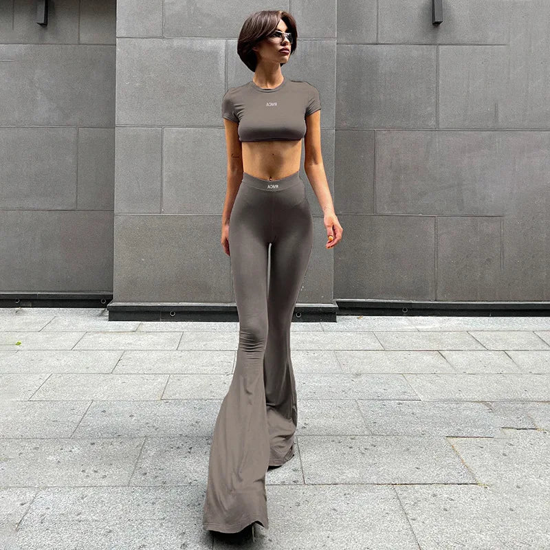 Basic Casual 2 Piece Sets Womens Outfits Top and Leggings Grey Flare Pants Matching Sets Fitness Y2k Clothing