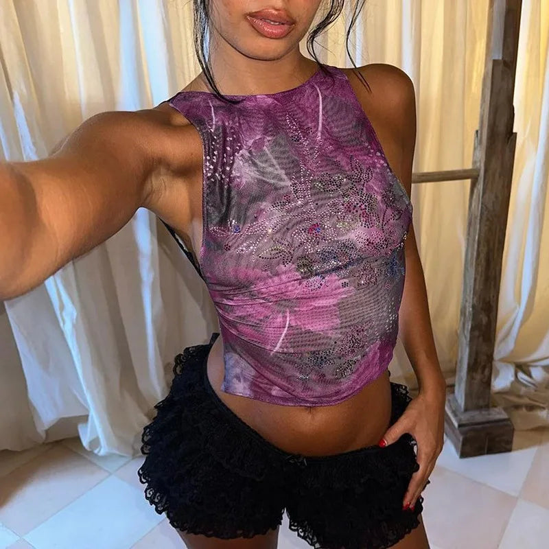 Flower Rhinestone Mesh Backless Tank Top Sexy Club Wear Sleeveless Crop Top 2025 Summer Woman Clothes