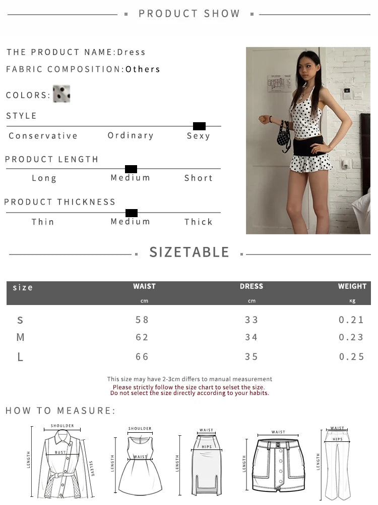 Simple Polka Dot Print 2-Piece Set Women Halter Low-Neck Camisole+Patchwork Folds Skirts Skinny Sweet Street Suit