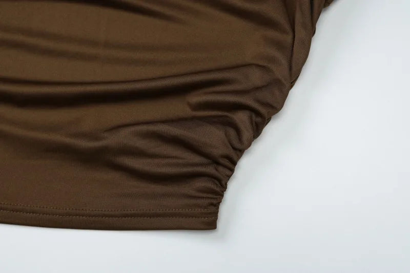 Brown Two Piece Set One Shoulder Long Sleeve Top and Maxi Skirt Sexy Classy Outfit Woman Fall Fashion