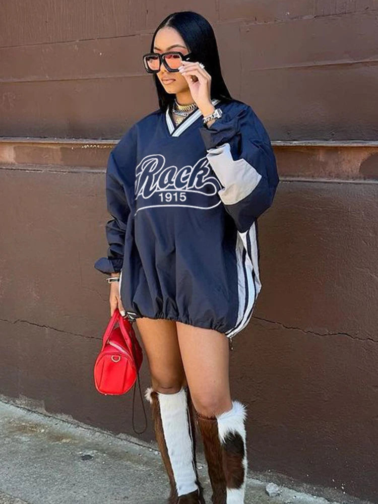 Letter Print Pullover Women Sporty Casual Hipster Long Sleeve Thin V-Neck Lose T-Shirt Wild Streetwear Trend Tees