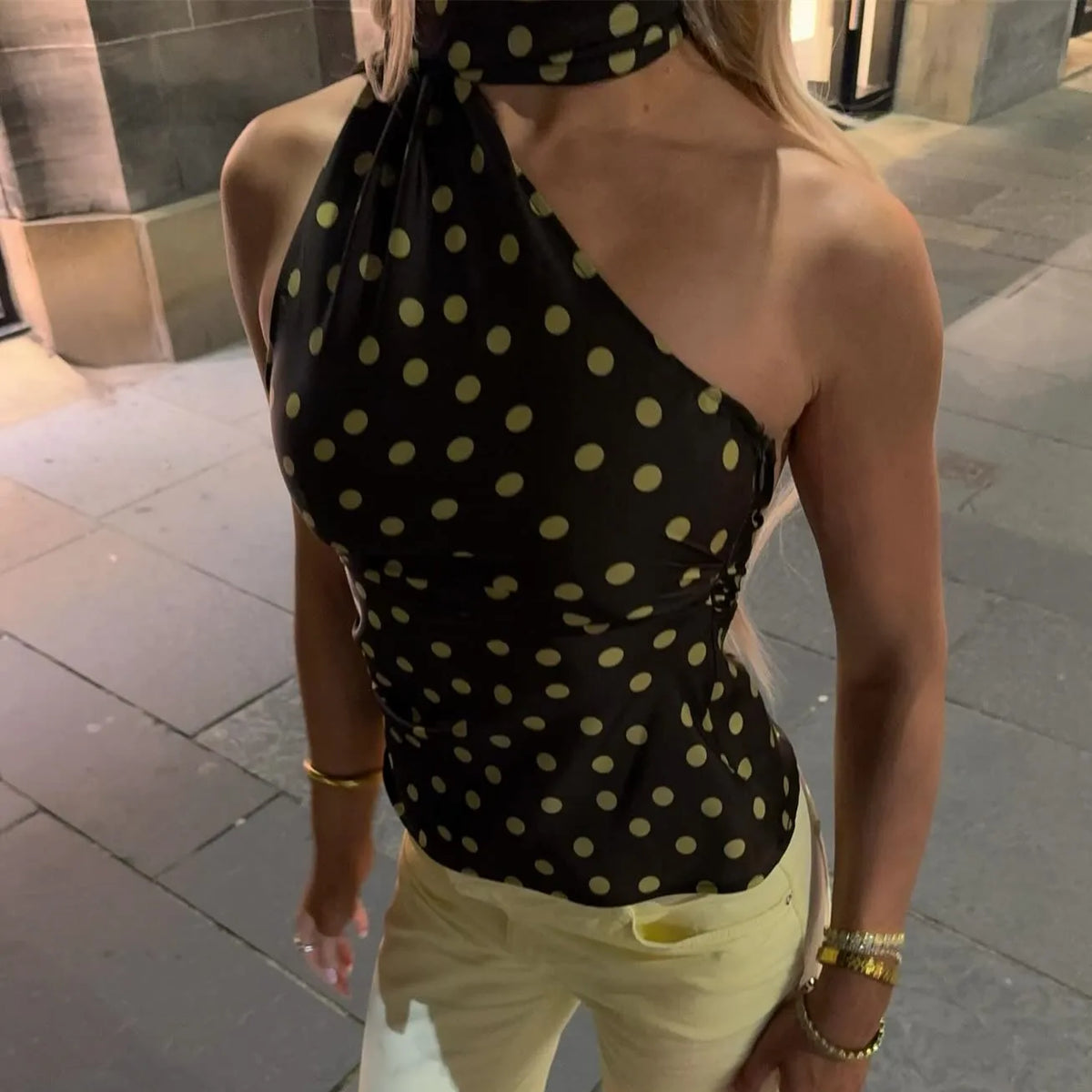 Women's Halter Neck Tops Off Shoulder Sleeveless Polka Dots Print Slim Fit Ruched Tank Tops Summer Party Club Shirts