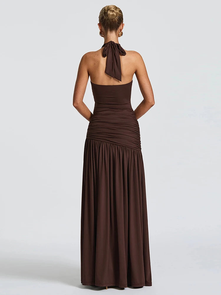 Peach Buttocks Maxi Dress Women Halter Bandage Backless Side Split Low-Neck Sleeveless Metal Trim Elegant Vestidos