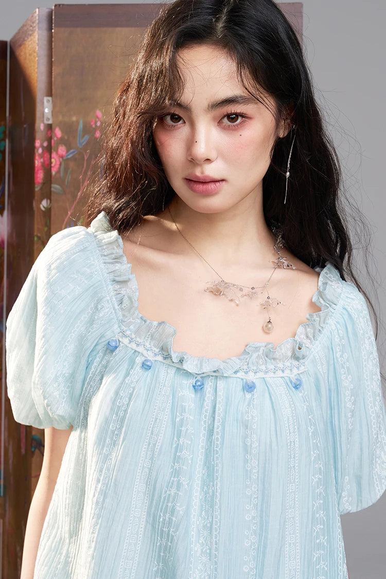 Women's Lace Embroidered Square Neck Blouse, Puff Sleeve Ruffle Neck Casual Loose Top