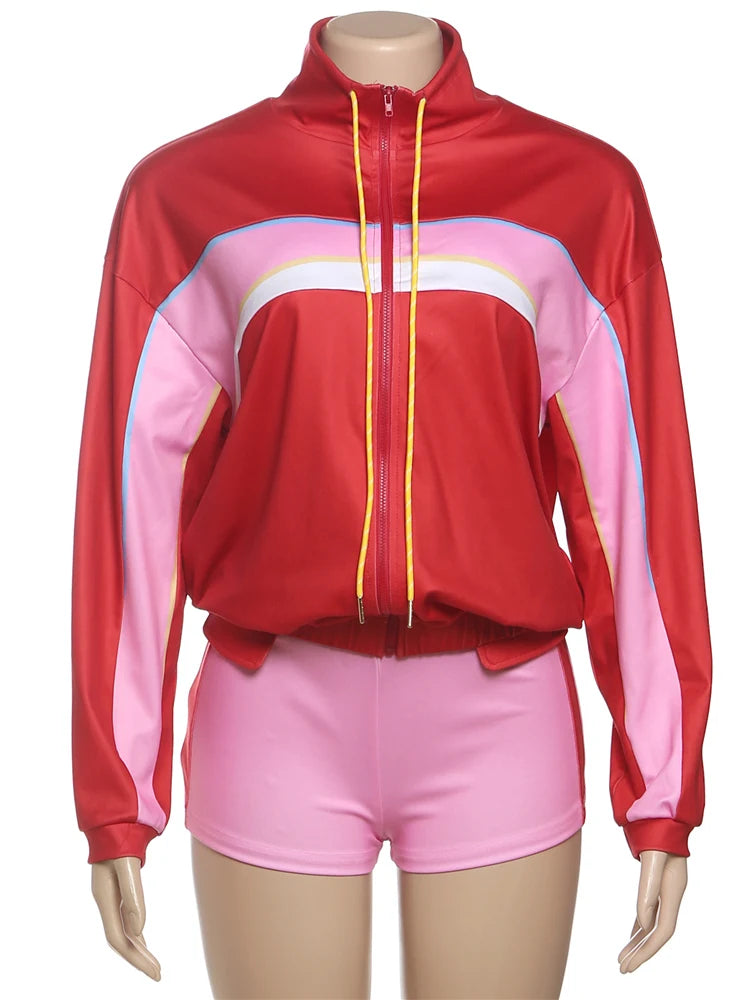 Sporty 2 Piece Set Women Hipster Zip Drawstring Crop Jacket+Shorts Matching Casual Street Skinny Stretch Tracksuit
