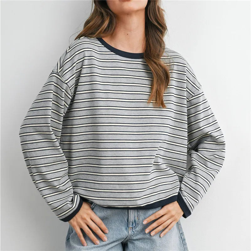 Contrast Rib Crew Neck Striped Long Sleeve T Shirt Drop Shoulder Loose Cropped Basic Casual Pullover Top for Fall Winter