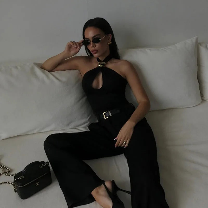 Hardware Detail Hollow Cross Halter Neck Crop Tops Women Sexy Backless Tank Top Black Summer 2025