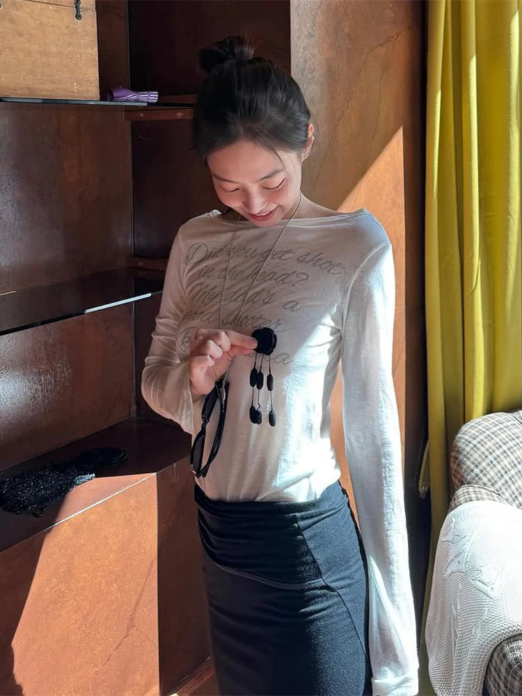 Simple T-Shirts Women Basic See Through Letter Print Long Sleeve Neck Skinny Autumn Trend Street Classic Casual Tees