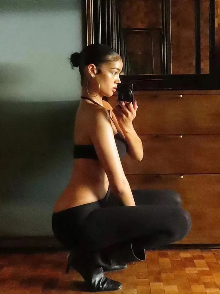 Sexy Backless 2 Piece Set Women Stretch Tube Top+Skinny Halter Jumpsuit Fitness Street Matching Party Club Overalls