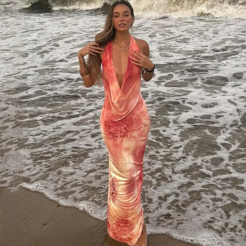 Sexy Printed Halter Backless Split Long Dresses Vacation Outfits for Womens Summer Beach Dress