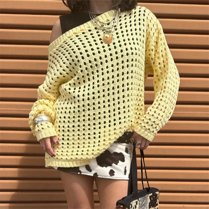 Women Retro Y2K Hollow Knit Mesh Sweater Off‑Shoulder Slouchy Oversized Pullover Long Sleeve Grunge Vintage Street Tops
