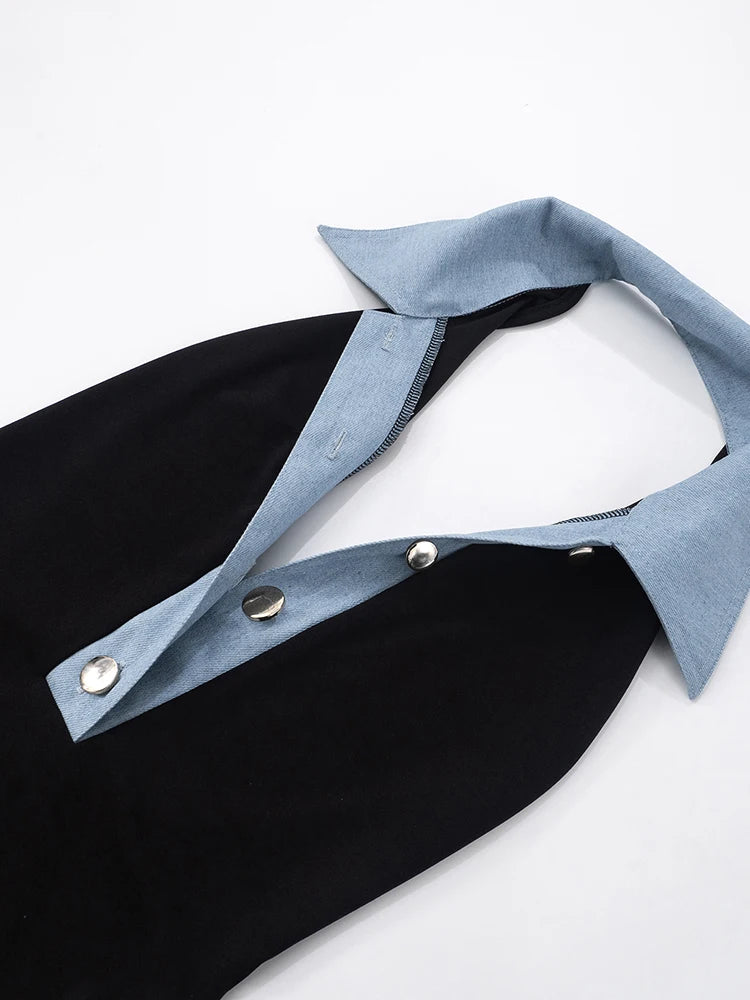 Denim Patchwork Rompers Women Halter Button Polo-Neck Backless Sleeveless Vacation Fashion Trend Skinny Playsuits