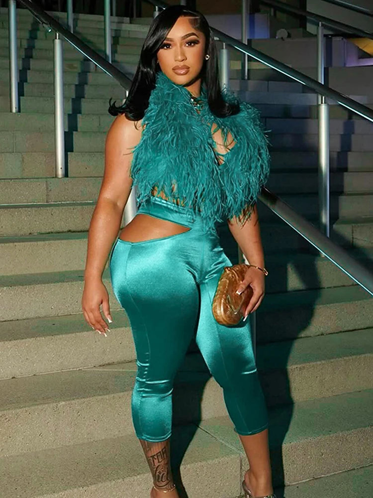 Furry Sexy 2 Piece Set Women Tracksuit Backless Tank Tops+High Waist Hollow Bike Shorts Nightclub Matching Outfits