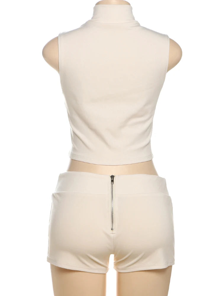 Patchwork 2 Piece Set Women Tracksuit Irregular Tank Top+Peach Hip Zip Shorts Simple Casual Skinny Sporty Streetweas