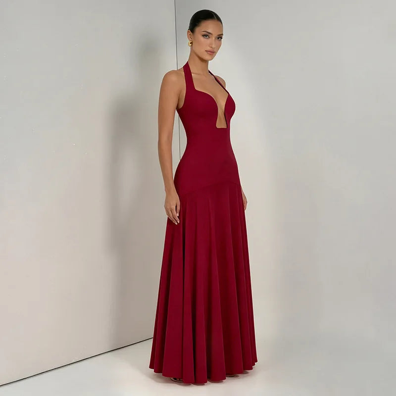Elegant Deep Plunge Halter Backless Maxi Dresses 2026 Woman Wedding Guest Party Dress Pink