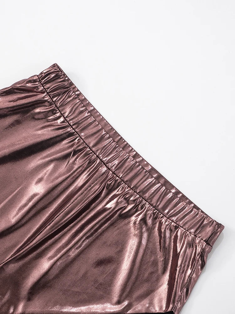 Bronzing Smooth Fashion Long Pants Women Elastic Waist Irregular Mesh Patchwork Sexy Skinny Peach Hip HIpster Bottoms