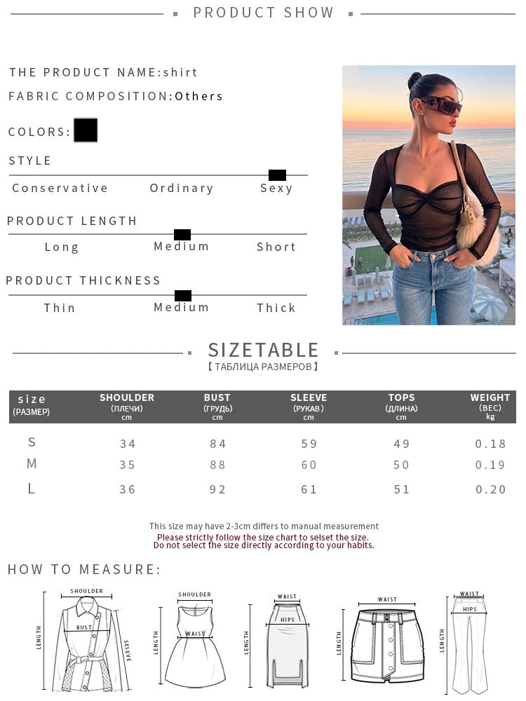 See Through Folds t-Shirt Women Low-Neck Full Sleeve Elasticity Skinny Sexy Hottie Midnight Autumn Fashion Streetwear