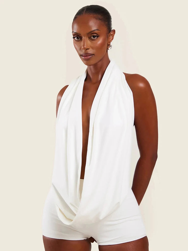 Sexy Fashion 2 Piece Set Women Halter Swing Collar Backless Crop Tops+Skinny Peach Hip Shorts Evening Hipster Outfits