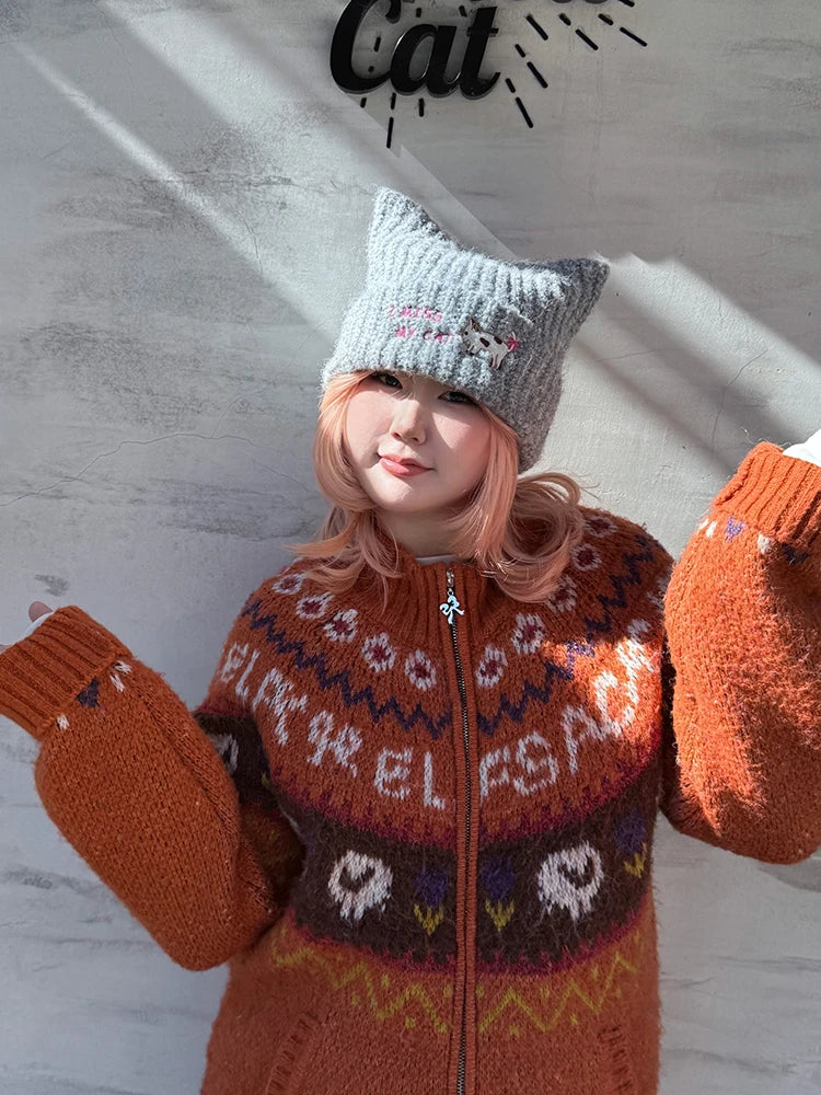 Y2K Cute Solid Kitten Embroidery Cat Ear Beanie For Women
