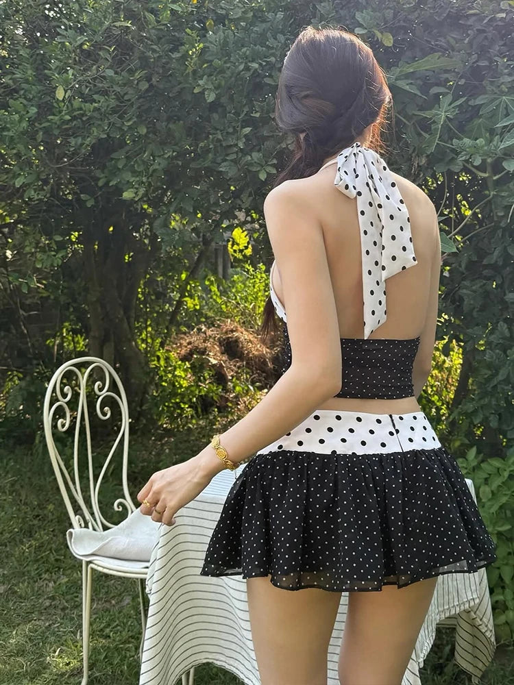 Patchwork 2-Piece Set Women Y2K Polka Dot Print Halter Backless v-Neck Tank Tops + Folds Skirts Summer Matching Suit