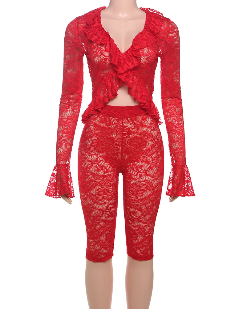 Jacquard Sexy Women 2 Piece Set Coquette Full Sleeve Ruffles Crop Tops+Bike Shorts Matching Clubwear Summer Outfits