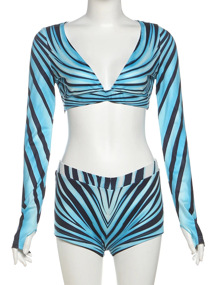 Zebra Print 2piece Set Women Tracksuit Casual Hipster Deep v-Neck Crop Tops+Shorts Stretch Streetwear Matching Suit