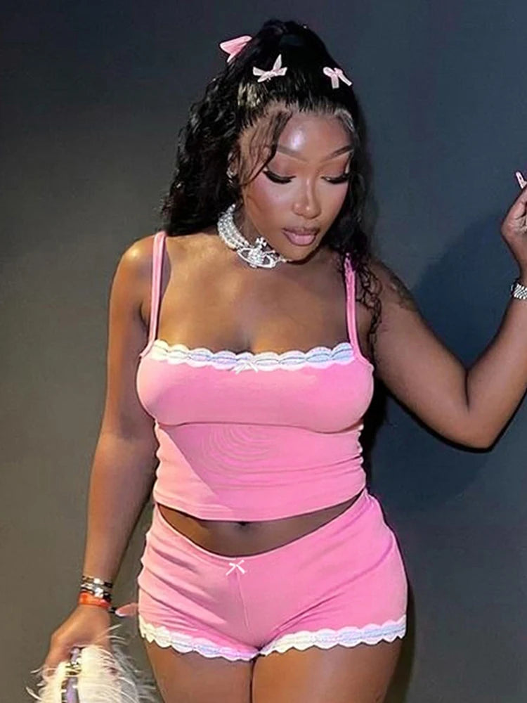 Lace 2 Piece Set Women Sporty Casual Tracksuit Camisole Tops+Shorts Matching Tight Streetwear Skinny Stretch Outfits