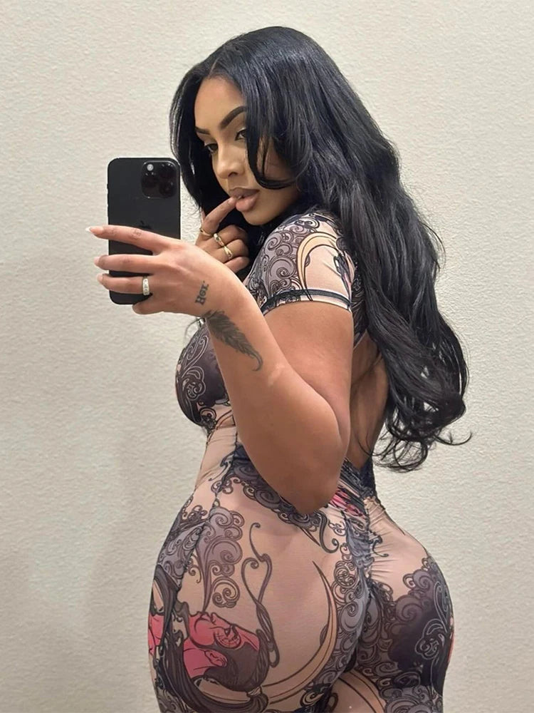 Backless Playsuit Women See Through Shorts Sleeve Peach Buttocks Summer Trend Aesthetic Print Midnight Club Romper