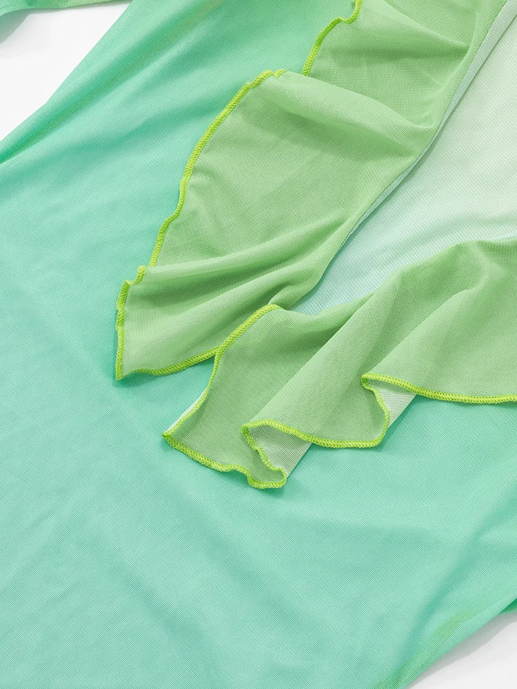 Gradient Mesh Maxi Dress Women Flower Print Ruffles Low-Neck Flared Sleeve Summer Holiday Beach Style Skinny Vestidos