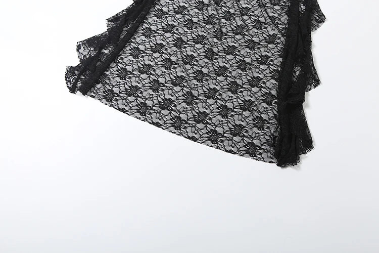 Irregular Hem Dress Women Slash Neck Sexy See Through Bandages Jacquard Lace Full Sleeve Ruched Ruffled Party Bodycon