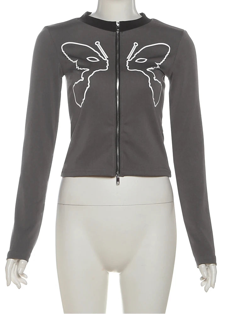 Casual Butterfly Print Jacket Women Daily Classic Patchwork Full Sleeve Double Zip Trend Sporty Elastic Street Coat