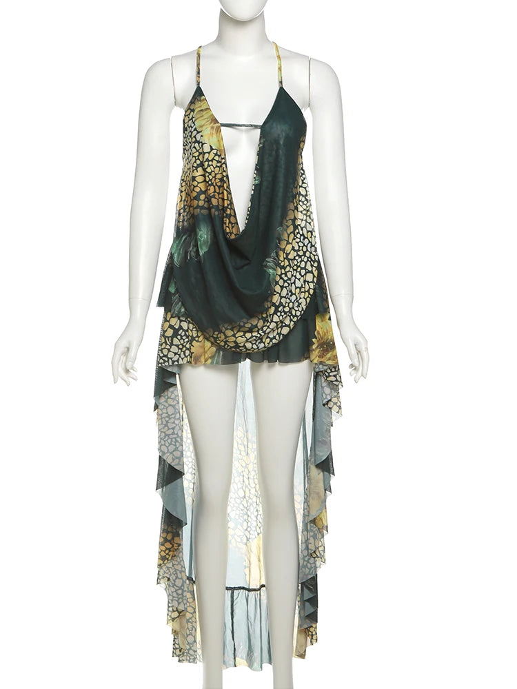 See Through 2Piece Set Women Sexy Hipster Leopard Print Swing Collar Sexy Camisole+Irregular Hem Skirts Matching Suit