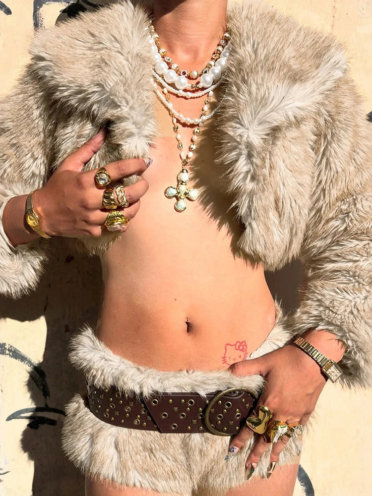 Sexy Furry Crop Jacket Women Basic Autumn Trend Button Lapel Full Sleeve Hottie Simple Wild Streetwear Clubwear Coat