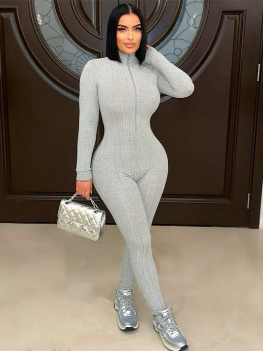 Sporty Turtleneck Jumpsuit Women Zip Long Sleeve Stretch Skinny Streetwear Activity Classic Fitness Workout Overalls