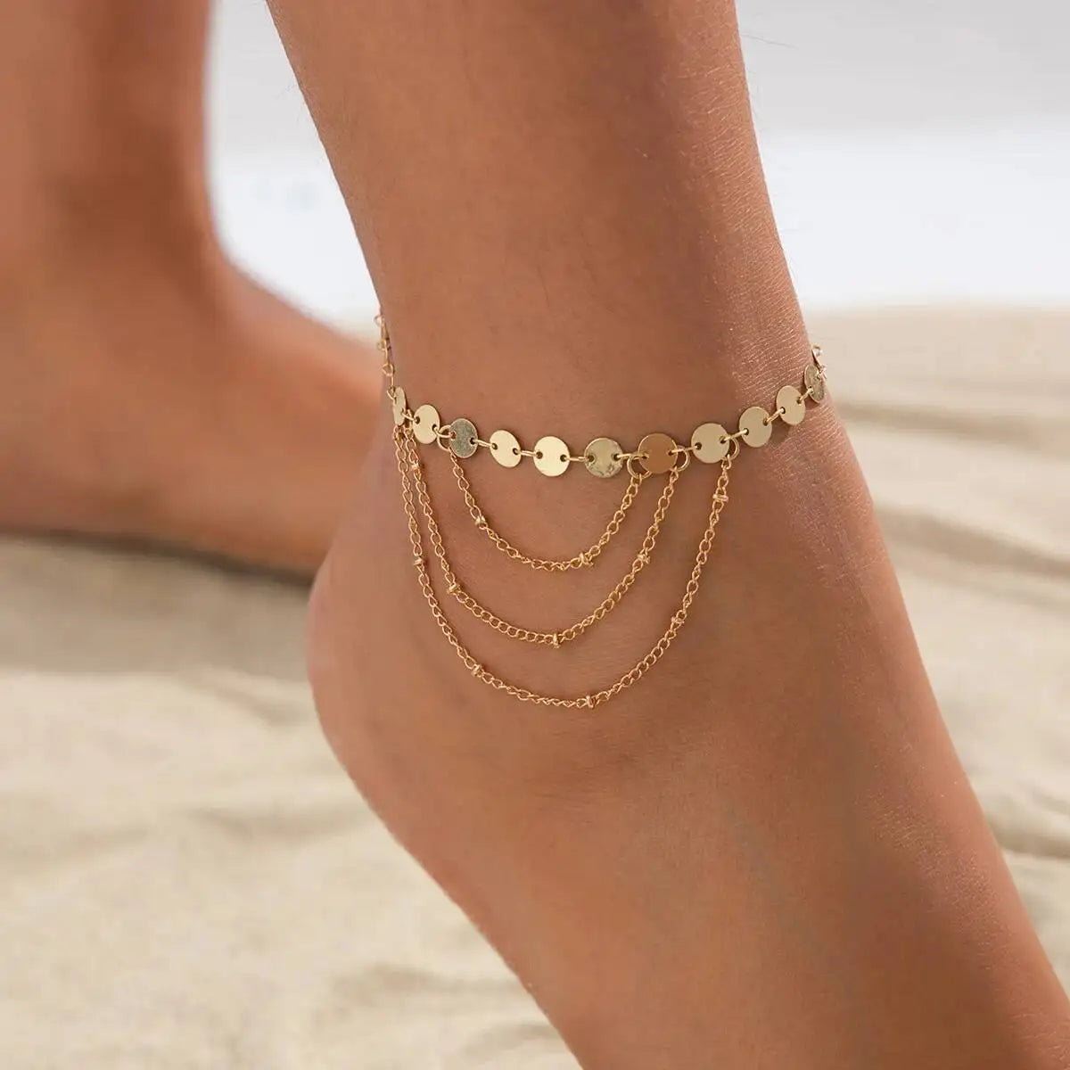 Boho Vintage Tassel Link Pendant Anklets for Women Summer Beach Barefoot Simple Sequin Chain Ankle Foot Jewelry Gift