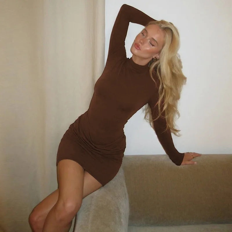 Back Zipper Turtleneck Long Sleeve Short Dresses for Woman Fall 2025 Fashion Sexy Solid Bodycon Dress