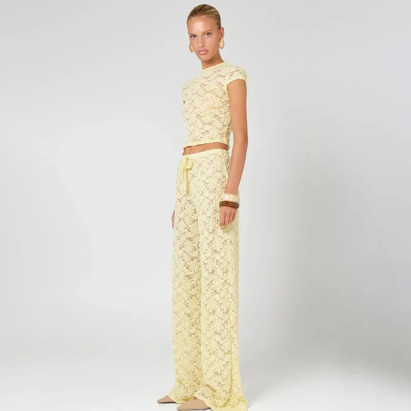 Two Piece Set Yellow Sheer Lace Co-Ord Cropped Top and Wide Leg Pants Summer Vacation Outfits Women 2026