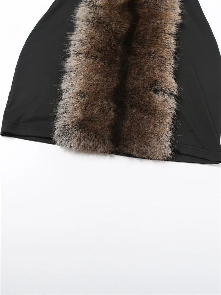 Fluff Patchwork Dress Women Halter Turtleneck Off Shoulder Backless Skinny Peach Hip Hottie High Street Style Bodycon