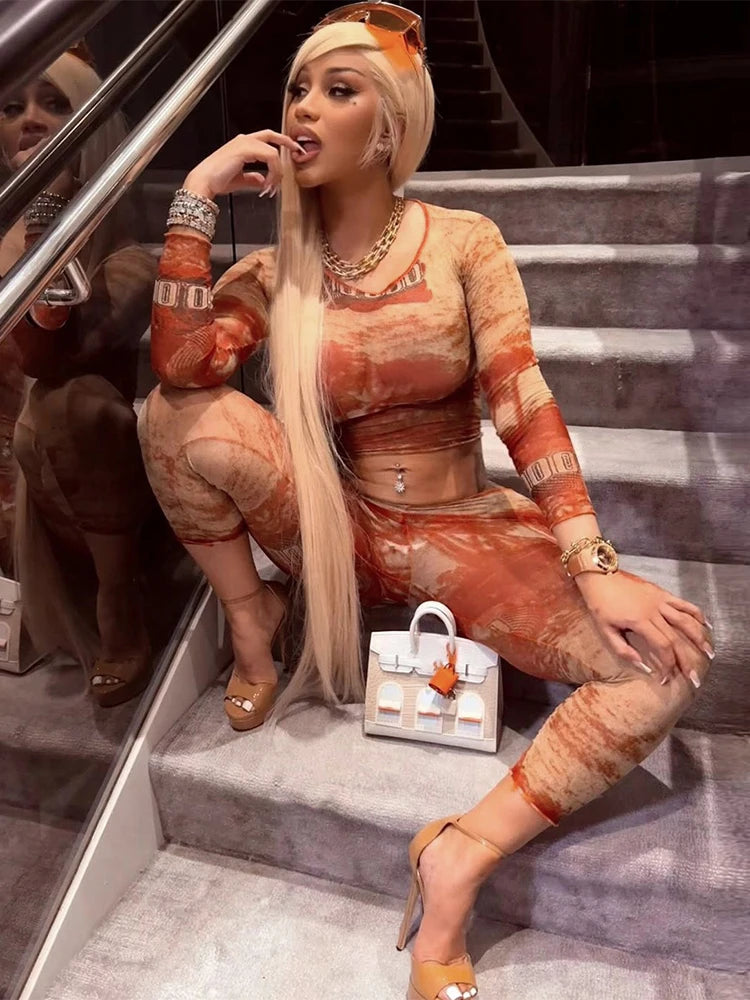 See Through Women 2 Piece Set Sexy Print Coquette Crop Tops+Leggings Stretch Tight Clubwear Matching Summer Outfits