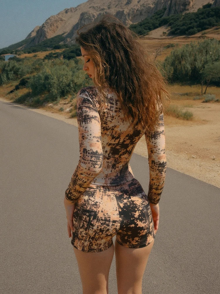 Tie Dye Print 2 Piece Set Sporty Women Sexy Zip Full Sleeve Crop Jacket+Shorts Matching Streetwear Stretch Outfits