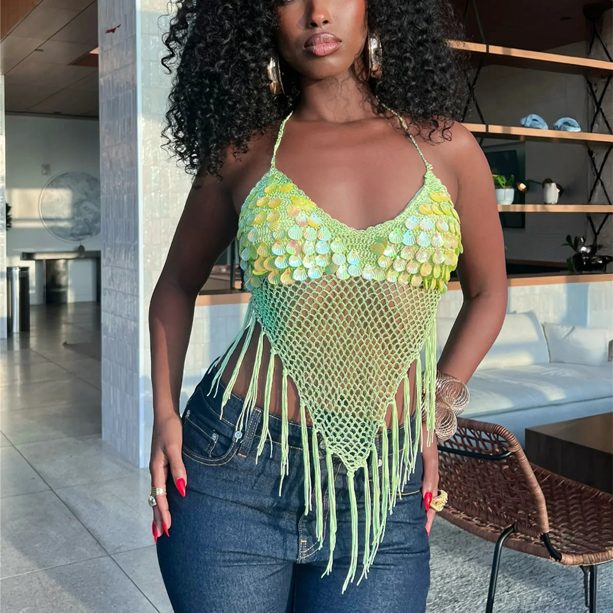 Sequin Shell Decor Hollowed Backless Camisoles with Triangle Tassels Womens Summer Lace-up Halter Neck Knit Vest Beach