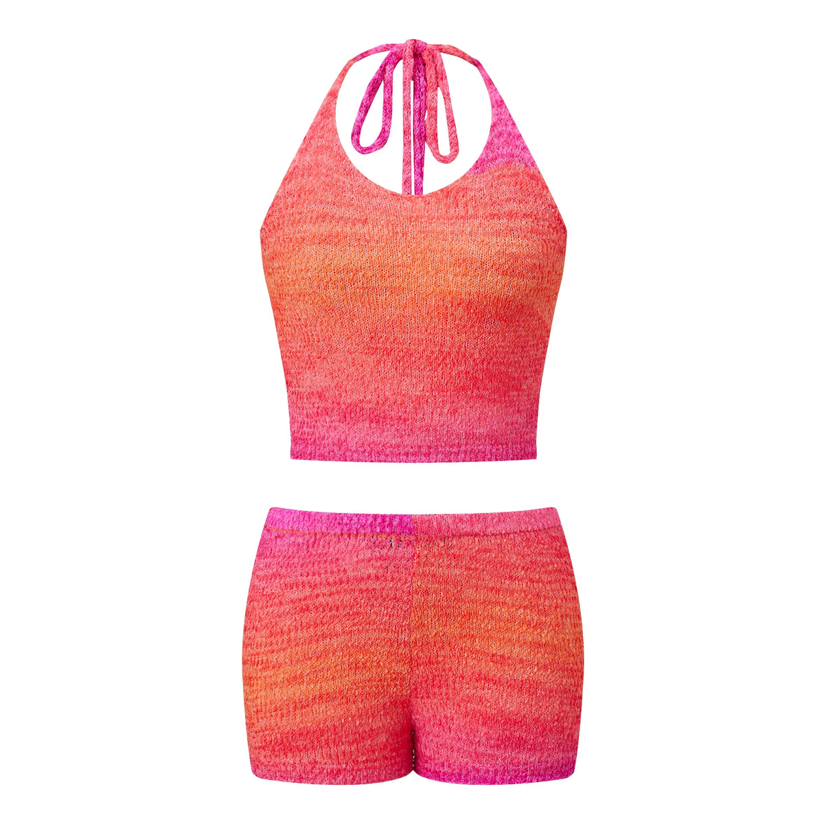 Gradient Knit Halter Crop Top Scallop Shorts 2 Piece Set Women Summer Beach Casual Y2K Vacation Matching Outfit